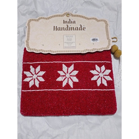 India Handmade Beaded Clutch APRES SKI Red White Tassel Cosmetic Bag NWT - Picture 3 of 4